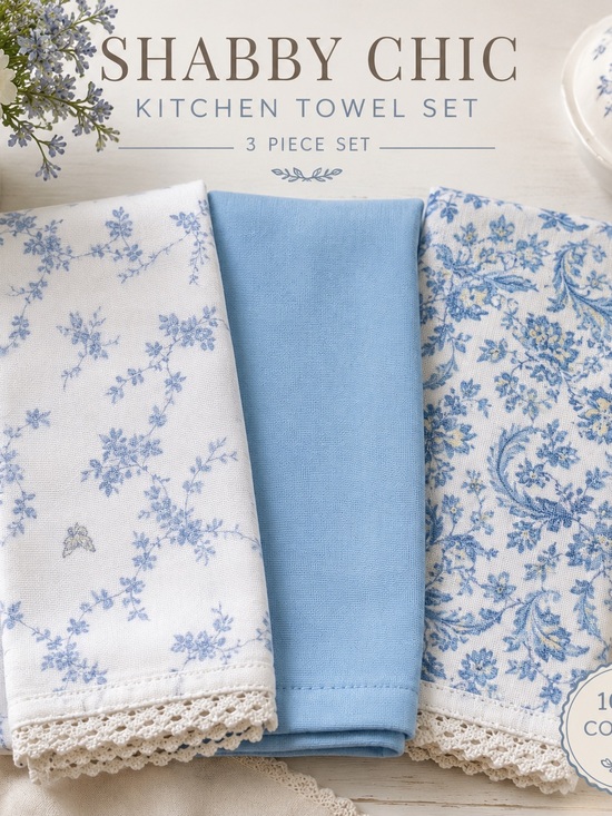 Shabby Chic Other - Rachel Ashwell Shabby Chic Cottagecore Kitchen Towels Set of 3 Blue Floral Lace